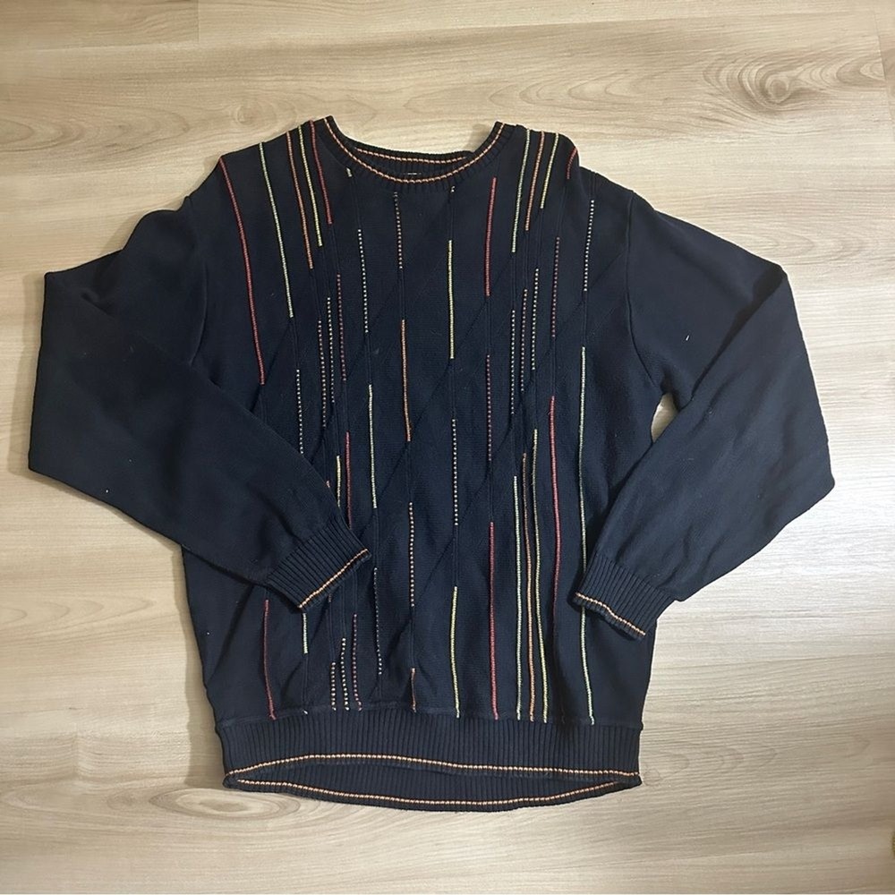 Norm Thompson Sweater Mens M Navy Blue Cotton Abstract Stripe Coogi Style